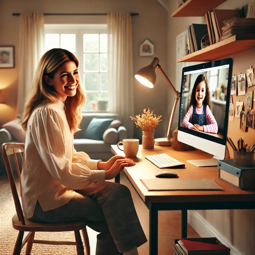 DALL·E 2025-03-08 14.36.43 - A female primary school teacher is seated at her desk in her cozy home, giving a private online lesson to her female student who appears on the comput