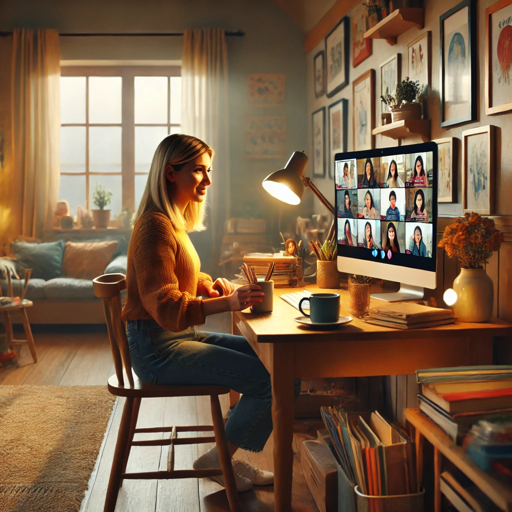 DALL·E 2025-03-08 14.39.23 - A female primary school teacher is seated at her desk in her cozy home, giving a private online group lesson to multiple students who appear on the co